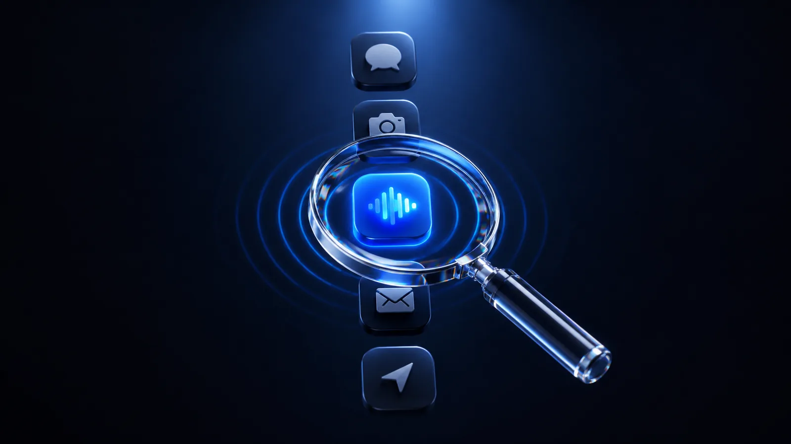 A magnifying glass hovering over a list of macOS apps with one app glowing as the audio source