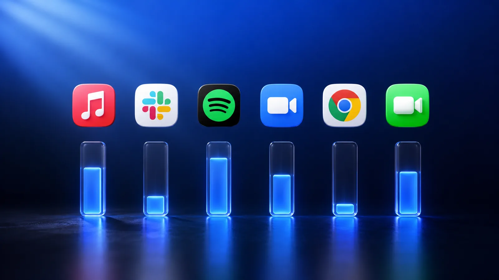 A row of macOS app icons each with its own volume slider, hovering above the system menu bar