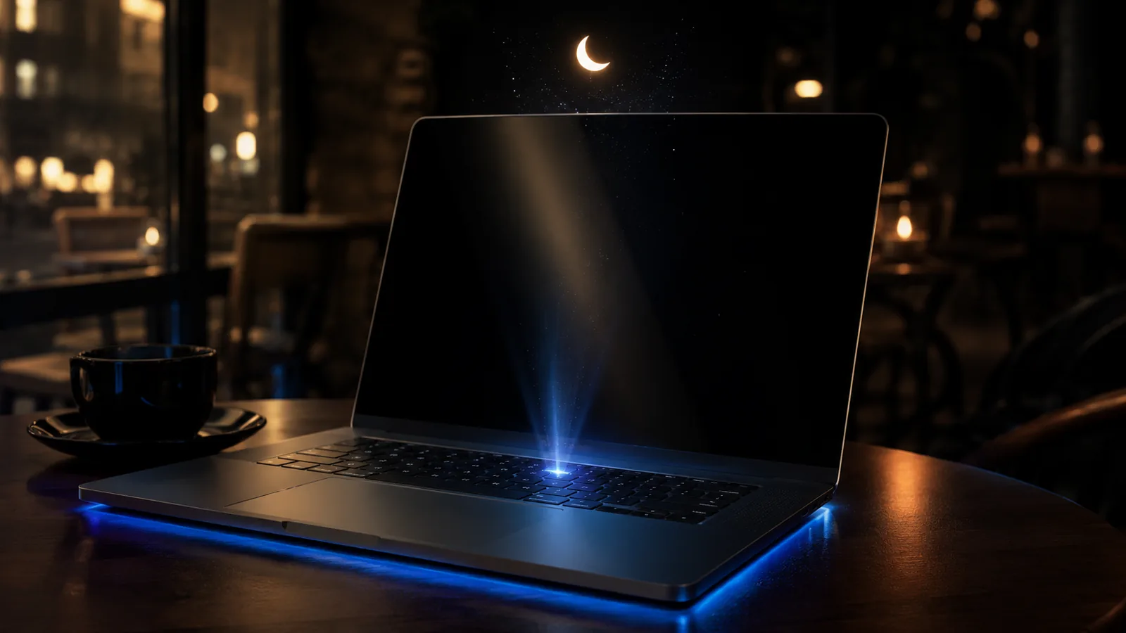 A laptop with a soft glowing brand-blue indicator showing the Whisper Mode hotkey is active