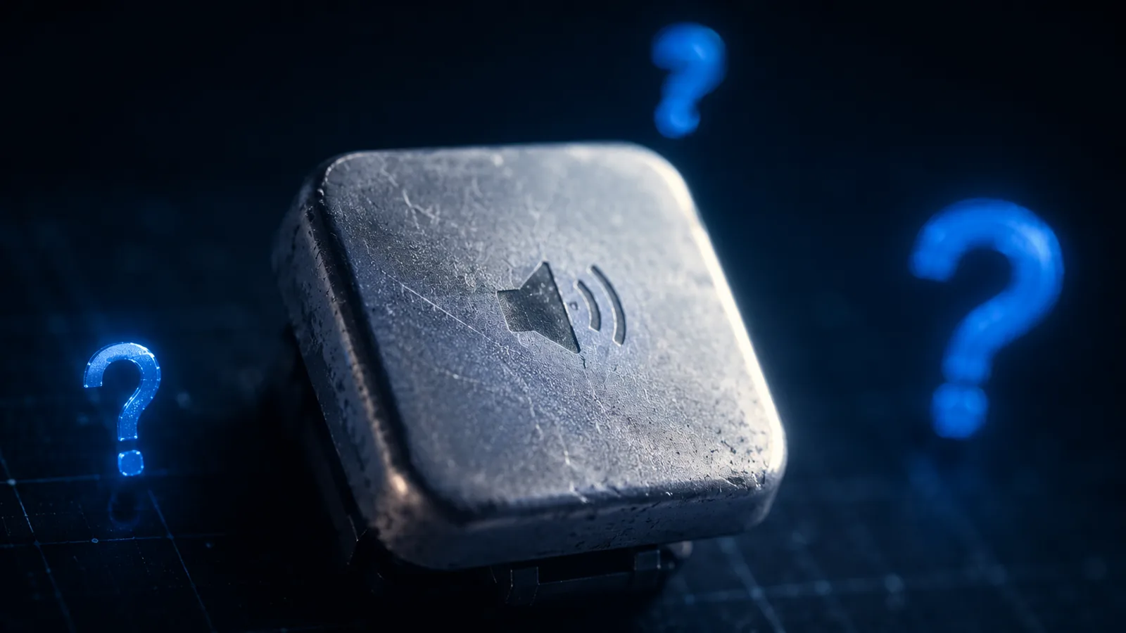 A worn Apple keyboard volume key zoomed in, with question marks floating around it